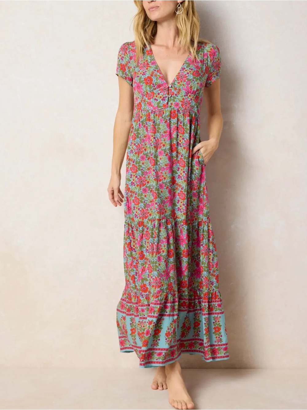 Natural Life Evangeline Floral V-Neck Maxi Dress in Pink and Aqua Small New - Picture 3 of 5